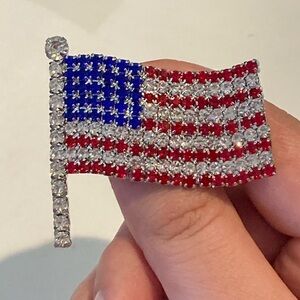 Bejeweled American Flag Brooch - Red, Blue & Clear